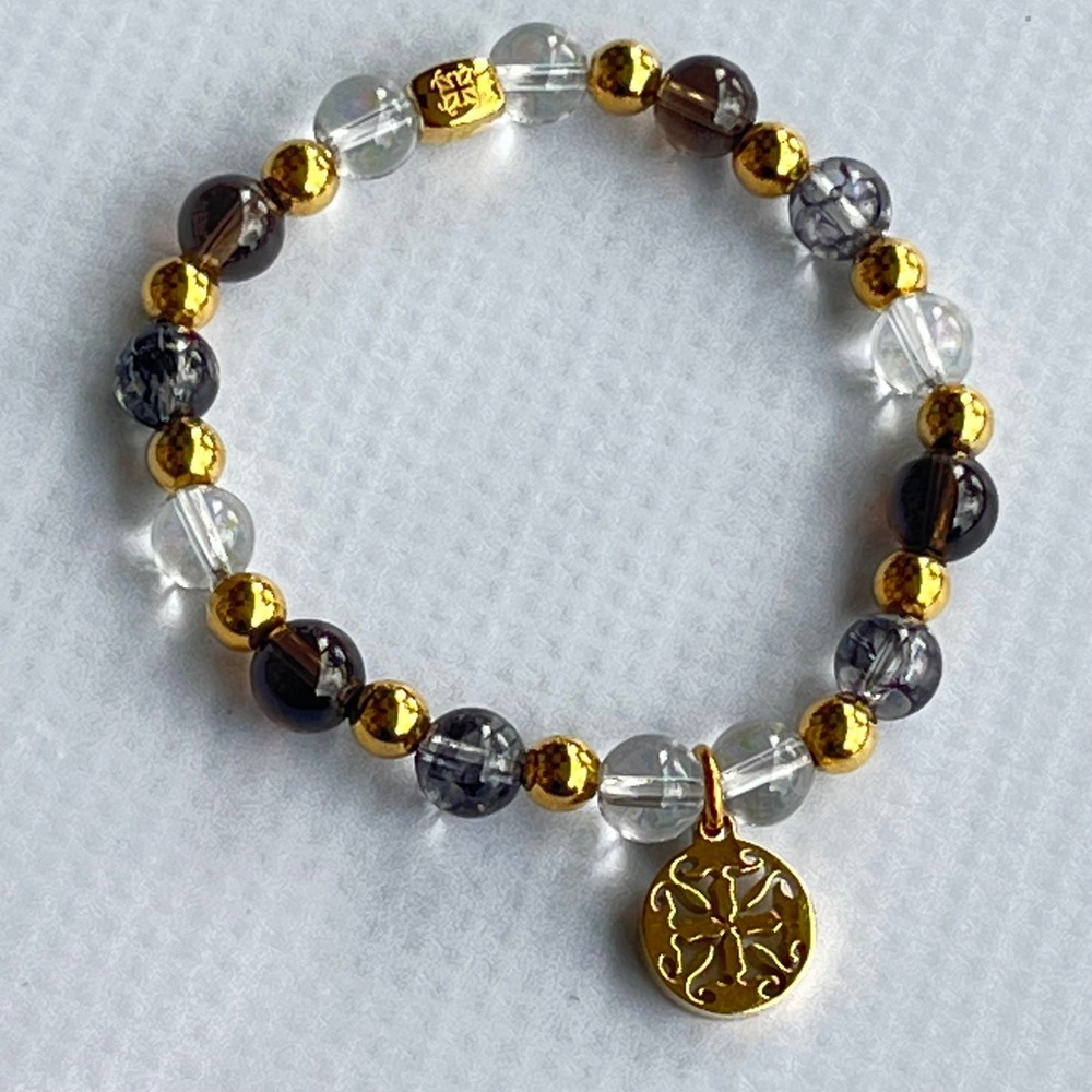 Rustic Cuff Beaded Stretch Bracelet Filigree Charm Marbled Logo Elegant Chic